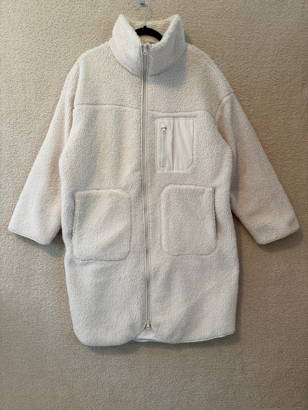 H&M Ivory Teddy Sherpa Fleece Long Coat Full Zip Women’s Size M